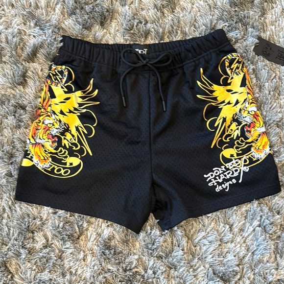 Ed Hardy Black and Yellow Dragon Men's Athletic Shorts - Picture 2 of 5